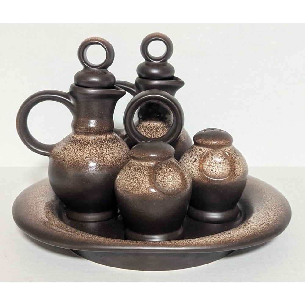 Vintage MCM 1970s Brown Stoneware Oil Vinegar Salt Pepper Cruet Set With Tray